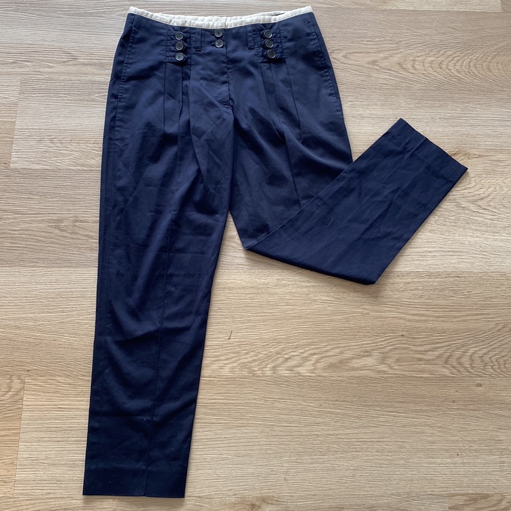 Stella McCartney Navy Cropped Pleated Tapered Pants Button Waist